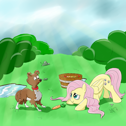 Size: 1200x1200 | Tagged: safe, artist:cyb3rwaste, fluttershy, winona, g4, carrot, do not want, duo