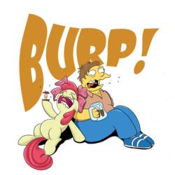 Size: 1500x1500 | Tagged: dead source, safe, artist:cyb3rwaste, apple bloom, g4, apple, barney gumble, beer, burp, crossover, male, the simpsons