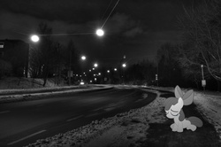 Size: 1800x1192 | Tagged: dead source, safe, artist:chevrolet-evilimpala, apple bloom, earth pony, pony, g4, ponies in real life, road, sad, streetlight, vector, wallpaper