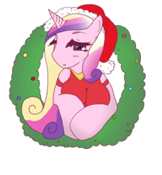 Size: 1443x1557 | Tagged: safe, artist:alienkittykun, princess cadance, anthro, g4, breasts, christmas, female, hat, santa hat, solo, wreath