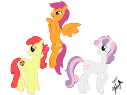 Size: 900x675 | Tagged: safe, artist:ishioshima, apple bloom, scootaloo, sweetie belle, g4, cutie mark crusaders, older