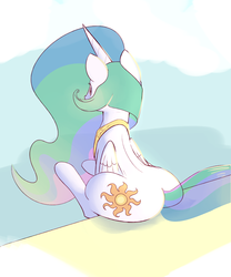 Size: 900x1080 | Tagged: safe, artist:jailbait, princess celestia, alicorn, pony, g4, back, behind, butt, colored, female, mare, plot, praise the sun, sitting, solo, sunbutt