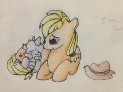 Size: 320x240 | Tagged: safe, artist:newmclovin, applejack, spike, g4, crying, female, hat, male, sad, ship:applespike, shipping, simple background, straight, traditional art