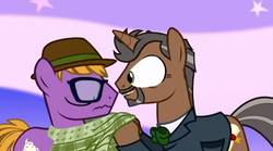 Size: 622x345 | Tagged: safe, artist:jan, oc, oc:professor lancie, let's go and meet the bronies, bronies: the extremely unexpected adult fans of my little pony, bronydoc, eye bulging, eyes, glasses, hat, hipster, john de lancie, ponified, trilby