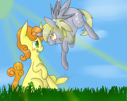 Size: 1280x1024 | Tagged: safe, artist:toothpastemonitor, carrot top, derpy hooves, golden harvest, earth pony, pegasus, pony, g4, blushing, female, lesbian, mare, ship:derpytop, shipping