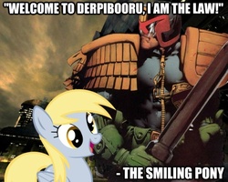 Size: 625x500 | Tagged: safe, derpy hooves, pegasus, pony, derpibooru, g4, female, image macro, judge dredd, mare, the smiling pony