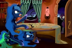 Size: 1280x867 | Tagged: safe, artist:fantdragon, princess luna, bat pony, changeling, pony, g4, bondage, butt, coffee, crying, door, map, night guard, plot, table, tied up