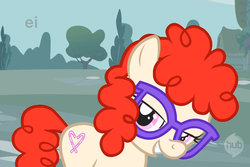 Size: 698x466 | Tagged: safe, screencap, twist, earth pony, pony, call of the cutie, g4, calm down, calm down gentle coltte, female, glasses, hub logo, lidded eyes, solo