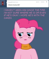 Size: 630x750 | Tagged: safe, pinkie pie, g4, ask, blue background, bust, cyborg 009, english, front view, simple background, solo, tumblr