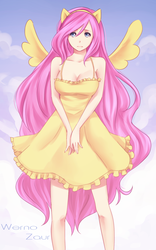 Size: 1000x1600 | Tagged: safe, artist:werno, fluttershy, human, g4, breasts, busty fluttershy, cleavage, clothes, dress, eared humanization, female, humanized, pixiv, winged humanization