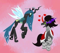 Size: 1800x1600 | Tagged: safe, artist:skitzopheliac, king sombra, queen chrysalis, changeling, changeling queen, pony, unicorn, g4, female, heart, male, ship:chrysombra, shipping, straight