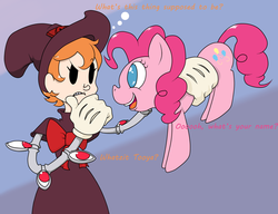 Size: 2592x1989 | Tagged: safe, artist:sncunleashed, pinkie pie, earth pony, pony, g4, crossover, female, looking at each other, looking at someone, mare, peacock (skullgirls), skullgirls