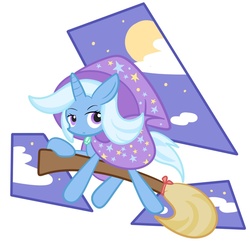 Size: 900x870 | Tagged: safe, artist:uo, artist:凹, trixie, pony, unicorn, g4, broom, female, flying, flying broomstick, looking back, mare, pixiv, solo
