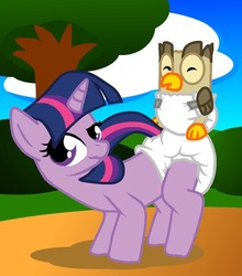 Size: 352x400 | Tagged: safe, artist:pidgopidgey, owlowiscious, twilight sparkle, bird, owl, pony, unicorn, g4, diaper, diaper fetish, female, mare, non-baby in diaper, poofy diaper, tree, unicorn twilight