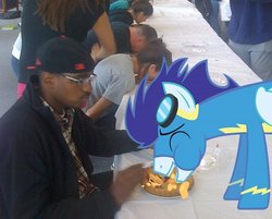 Size: 480x386 | Tagged: safe, soarin', human, pegasus, pony, g4, glasses, irl, irl human, male, messy eating, photo, pie, ponies in real life, stallion, that pony sure does love pies