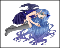 Size: 900x731 | Tagged: safe, artist:d-tomoyo, princess luna, human, g4, clothes, cute, female, humanized, moe, simple background, solo, thigh highs, transparent background, winged humanization