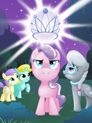 Size: 1170x1560 | Tagged: safe, artist:pearlie-pie, alula, diamond tiara, pluto, silver spoon, sun glimmer, g4, awwlula, crown, cute, cute glimmer, diamond dazzle tiara, diamondbetes, erroriabetes, filly, glasses, glowing, shine, shiny, silverbetes, tiara