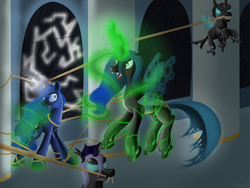 Size: 1600x1200 | Tagged: dead source, safe, artist:angelstar7, princess luna, queen chrysalis, alicorn, changeling, changeling queen, pony, g4, female, lightning, rope