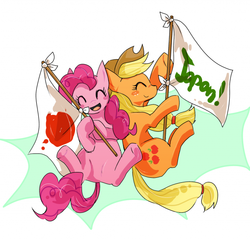 Size: 600x574 | Tagged: safe, artist:masaka, applejack, pinkie pie, g4, flag, japan, pixiv