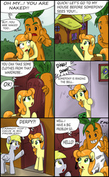 Size: 1900x3090 | Tagged: safe, artist:ciriliko, carrot top, derpy hooves, golden harvest, earth pony, pegasus, pony, comic:radioactive carrots, g4, background pony, carrot, comic, creeper, female, food, mare, we don't normally wear clothes, zas