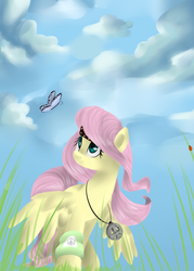 Size: 1434x2000 | Tagged: safe, artist:marisalle, fluttershy, butterfly, pony, g4, cloud, headband, hippie, hippieshy, jewelry, leg warmers, necklace, peace sign