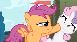 Size: 854x470 | Tagged: safe, screencap, scootaloo, sweetie belle, g4, eyes closed, female, filly, slap, slapstick, the three stooges