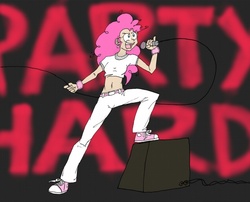 Size: 1000x807 | Tagged: safe, artist:jakewashere, pinkie pie, human, g4, andrew w.k., belly button, clothes, converse, humanized, microphone, party hard, shoes, singing, torn clothes