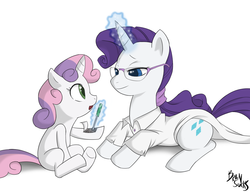 Size: 1279x981 | Tagged: safe, artist:brainsucks, rarity, sweetie belle, pony, robot, robot pony, unicorn, g4, alternate hairstyle, blank flank, clothes, cutie mark, female, filly, foal, glasses, glowing horn, hooves, horn, lab coat, levitation, lying down, magic, mare, open mouth, prone, repairing, roboticist, simple background, sisters, sweetie bot, telekinesis, white background