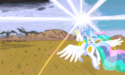 Size: 801x481 | Tagged: safe, artist:auraion, princess celestia, trixie, alicorn, pony, unicorn, g4, fell beast, female, flying, gandalf, gandalf the white, glowing, hoof hold, light, lord of the rings, magic, mare, nazgul, ponies riding ponies, riding, spread wings, staff