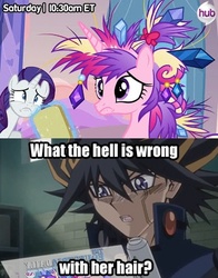 Size: 320x408 | Tagged: safe, princess cadance, rarity, g4, games ponies play, bad hair, caption, irony, yu-gi-oh!, yugioh abridged, yusei fudo