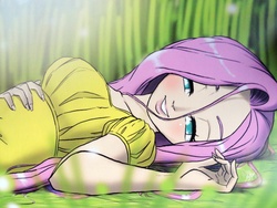 Size: 2534x1901 | Tagged: safe, artist:aeolus06, fluttershy, human, art pack:my little sweetheart, g4, colored pupils, cute, female, grass, grin, humanized, lidded eyes, lips, looking at you, on back, outdoors, shyabetes, smiling, solo