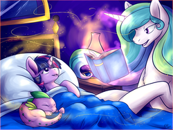 Size: 1024x768 | Tagged: safe, artist:fizzy-dog, princess celestia, spike, twilight sparkle, dragon, pony, unicorn, g4, bed, bedtime story, book, chest fluff, cute, eyes closed, female, filly, male, mare, missing accessory, momlestia, open mouth, younger