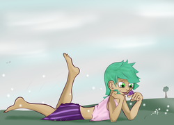 Size: 3000x2154 | Tagged: safe, artist:kryptchild, snails, human, snail, ask glitter shell, g4, barefoot, dandelion, feet, freckles, glitter shell, humanized, lipstick, lying down, male, midriff, prone, smiling, solo, trap