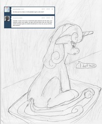 Size: 1275x1550 | Tagged: safe, artist:masterweaver, sweetie belle, pony, robot, robot pony, unicorn, ask steel sweetie, g4, black and white, female, filly, floppy ears, foal, grayscale, hooves, horn, monochrome, sitting, solo, speech bubble, sweetie bot, traditional art