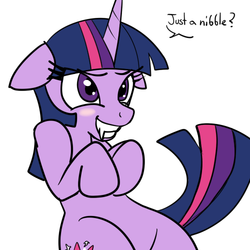 Size: 500x500 | Tagged: safe, artist:reiduran, twilight sparkle, vampire, g4, adorkable, blushing, cute, dork, fangs, floppy ears, hips, simple background, smiling, white background