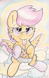 Size: 738x1165 | Tagged: safe, artist:slightlyshade, scootaloo, pony, g4, clothes, cookie, female, shorts, socks, solo, tongue out, traditional art, wingboner