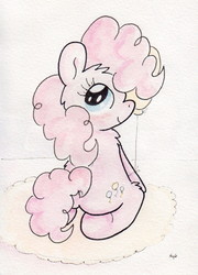 Size: 723x1004 | Tagged: safe, artist:slightlyshade, pinkie pie, earth pony, pony, g4, balloon, butt, female, plot, solo, traditional art