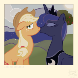 Size: 640x640 | Tagged: safe, artist:brainedbysaucepans, applejack, princess luna, g4, female, kissing, lesbian, ship:lunajack, shipping