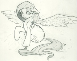 Size: 681x541 | Tagged: safe, artist:thatguy, fluttershy, pegasus, pony, g4, aside glance, female, floppy ears, grayscale, looking at you, mare, monochrome, open mouth, pencil drawing, raised hoof, sitting, solo, spread wings, traditional art, turning, wings