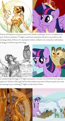 Size: 600x1110 | Tagged: safe, edit, edited screencap, screencap, owlowiscious, twilight sparkle, alicorn, owl, pony, snake, unicorn, g4, magical mystery cure, owl's well that ends well, winter wrap up, athena, big crown thingy, greek mythology, jewelry, regalia, text, theory, twilight sparkle (alicorn), unicorn twilight