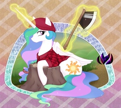 Size: 2247x2000 | Tagged: safe, artist:raininess, princess celestia, alicorn, pony, g4, axe, clothes, female, lumberjack, solo