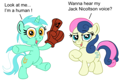 Size: 1024x702 | Tagged: safe, artist:aleximusprime, artist:vergilpl, bon bon, lyra heartstrings, sweetie drops, earth pony, pony, g4, bipedal, chibi, cute, foam finger, simple background, transparent background