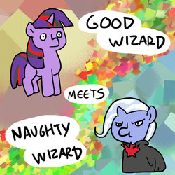 Size: 1024x1024 | Tagged: safe, artist:5kmoe, artist:docwario, trixie, twilight sparkle, pony, g4, good wizard meets naughty wizard