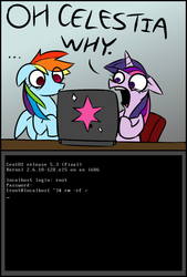 Size: 578x856 | Tagged: artist needed, safe, rainbow dash, twilight sparkle, g4, centos, computer, english, laptop computer, linux, meme, this will end in tears