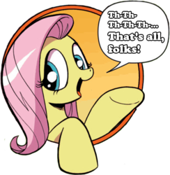 Size: 421x431 | Tagged: safe, idw, fluttershy, pegasus, pony, friendship is magic #3, g4, my little pony: friendship is magic (idw), bad advice fluttershy, exploitable meme, female, looney tunes, mare, meme, porky pig, solo, stuttering, that's all folks