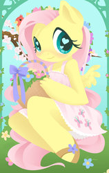 Size: 710x1124 | Tagged: safe, artist:parfywarfy, fluttershy, bird, pegasus, anthro, g4, basket, blushing, clothes, dress, female, flower, grass, hand, heart eyes, looking at you, mare, shoulderless, sitting, smiling, smiling at you, solo, spread wings, wingding eyes, wings