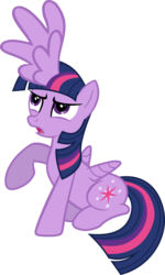 Size: 1886x3144 | Tagged: safe, artist:crunchnugget, twilight sparkle, alicorn, pony, g4, alicorn drama, alicron, body part swap, confused, female, looking up, open mouth, raised hoof, reverse alicorn, simple background, sitting, solo, transparent background, twilight sparkle (alicorn), wat, what has magic done, wtf