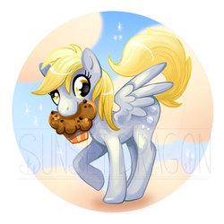 Size: 500x500 | Tagged: safe, artist:flying-fox, derpy hooves, pegasus, pony, g4, female, food, mare, mouth hold, muffin, partial background, solo