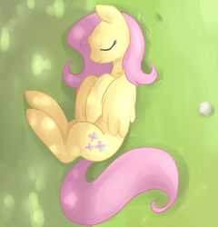 Size: 876x913 | Tagged: safe, artist:risu-nya, fluttershy, pegasus, pony, g4, eyes closed, female, grass, mare, on side, outdoors, shadow, sleeping, solo