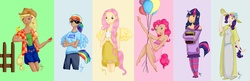 Size: 3543x1142 | Tagged: safe, artist:meiyoko, applejack, fluttershy, pinkie pie, rainbow dash, rarity, twilight sparkle, human, g4, cleavage, clothes, dress, female, horn, horned humanization, humanized, mane six, skirt, tailed humanization, winged humanization